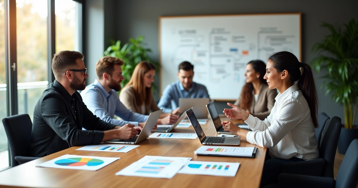 Reunião de equipe de vendas discutindo metodologias com gráficos e laptops ao redor da mesa 