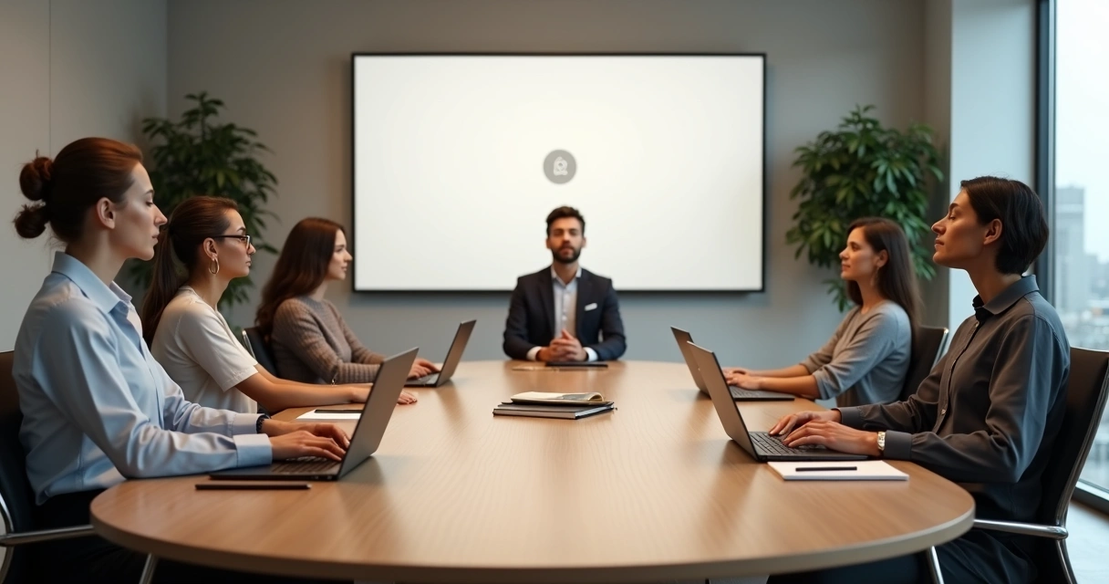 Equipe em torno de mesa de reunião fazendo pausa de respiração consciente 