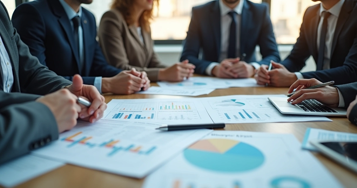 Empresários e consultores analisando documentos fiscais em uma mesa de reunião. 