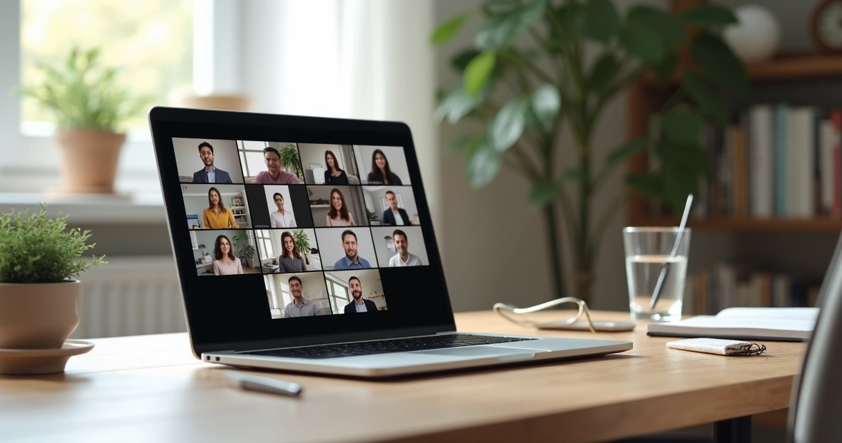 Mesa com notebook aberto em reunião online e espaço organizado para videoconferência