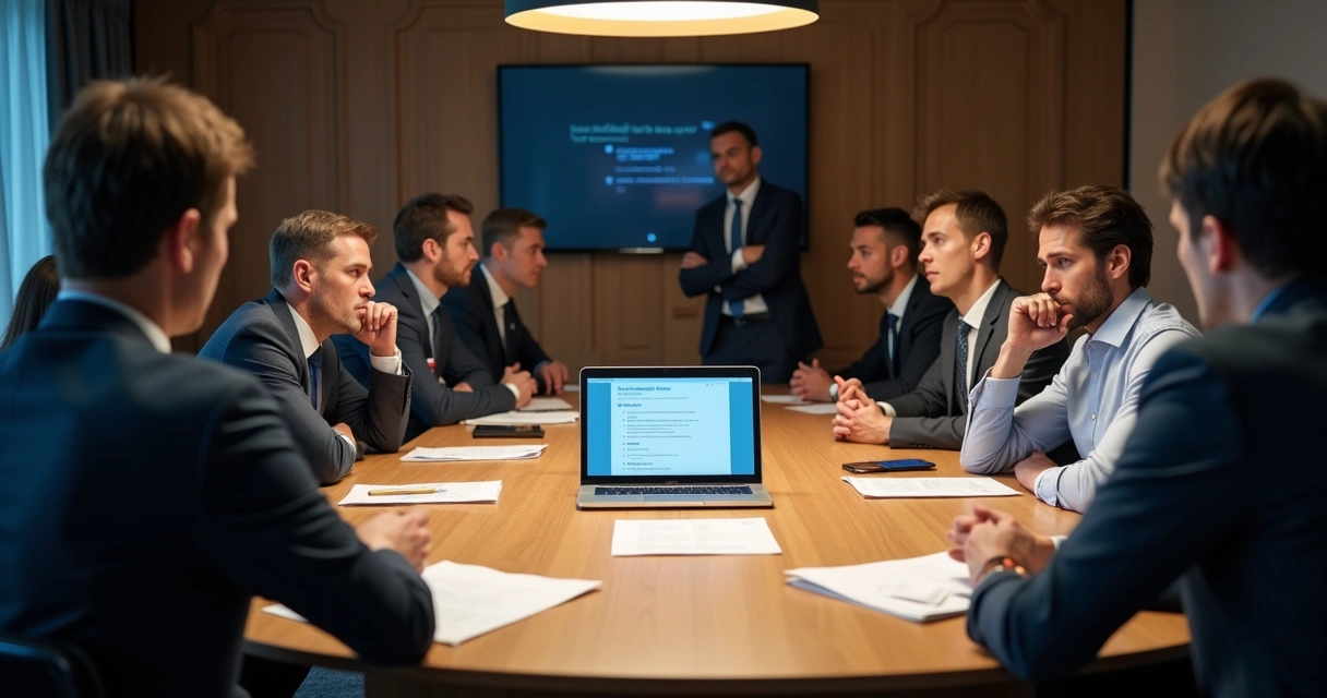 Grupo de pessoas em reunião de negócios com clima tenso e olhares desconfiados. 