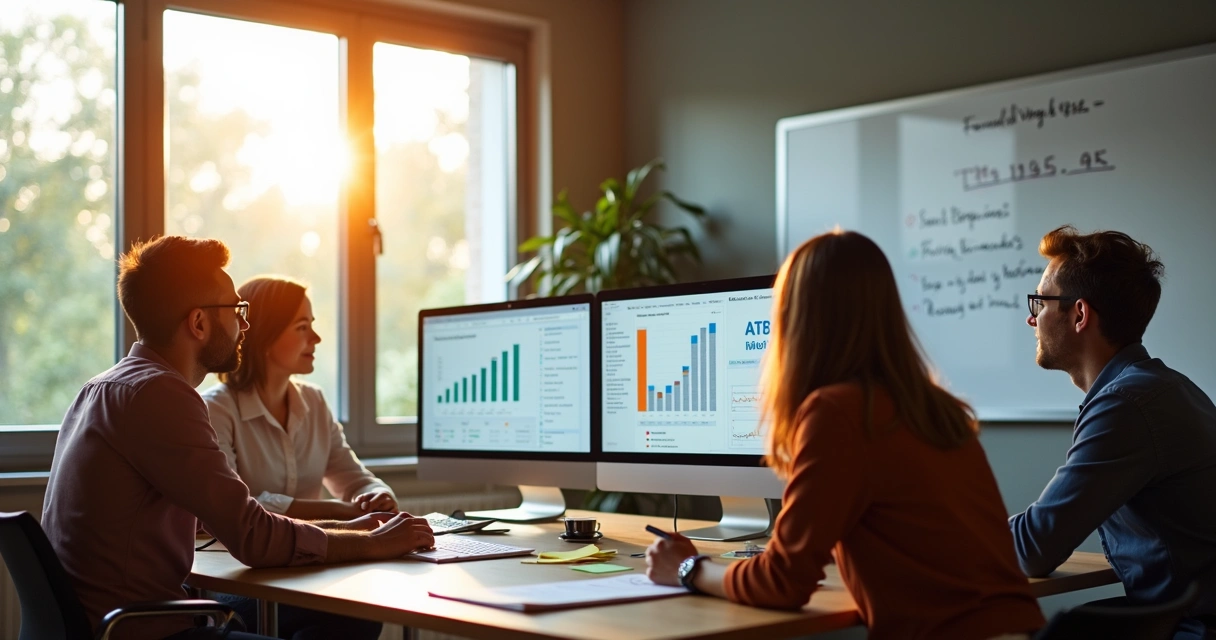 Equipe de empresa SaaS analisando indicadores em uma sala de reunião 