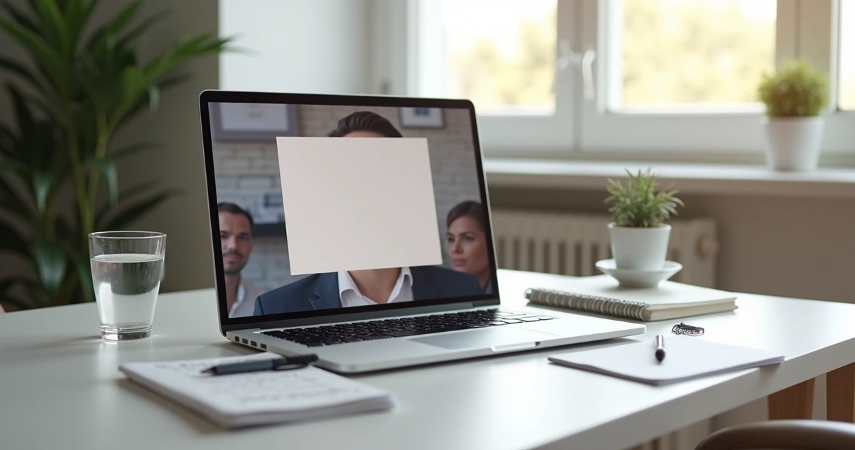 Mesa com notebook e anotações para reunião virtual