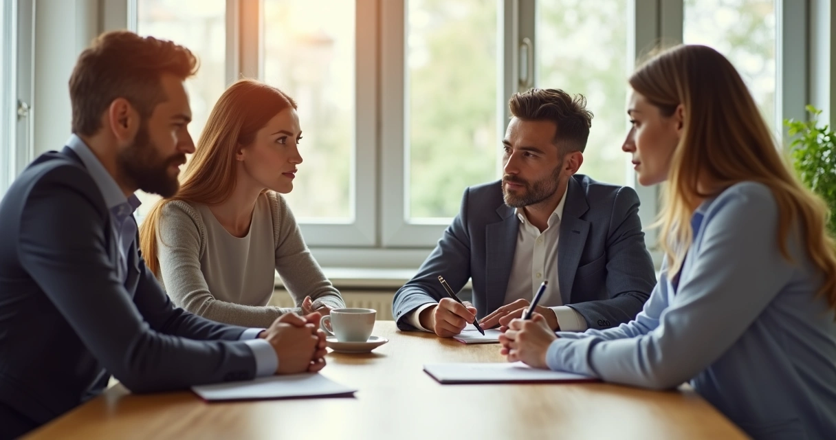 Grupo de personas sentadas alrededor de una mesa dialogando en armonía