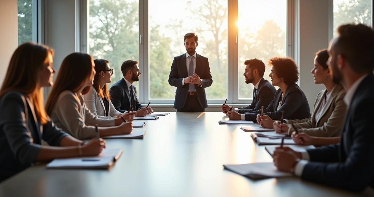 Equipo en una mesa de trabajo compartiendo ideas 