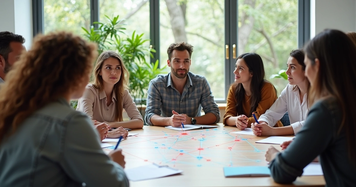 Personas sentadas en círculo, mesa de trabajo con papeles y laptops, enfoque sistémico
