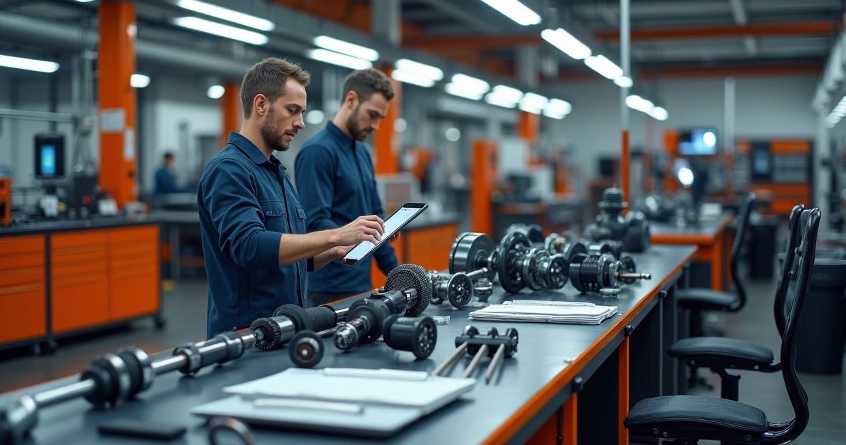 Técnico analisando peças sobre mesa num centro automotivo moderno