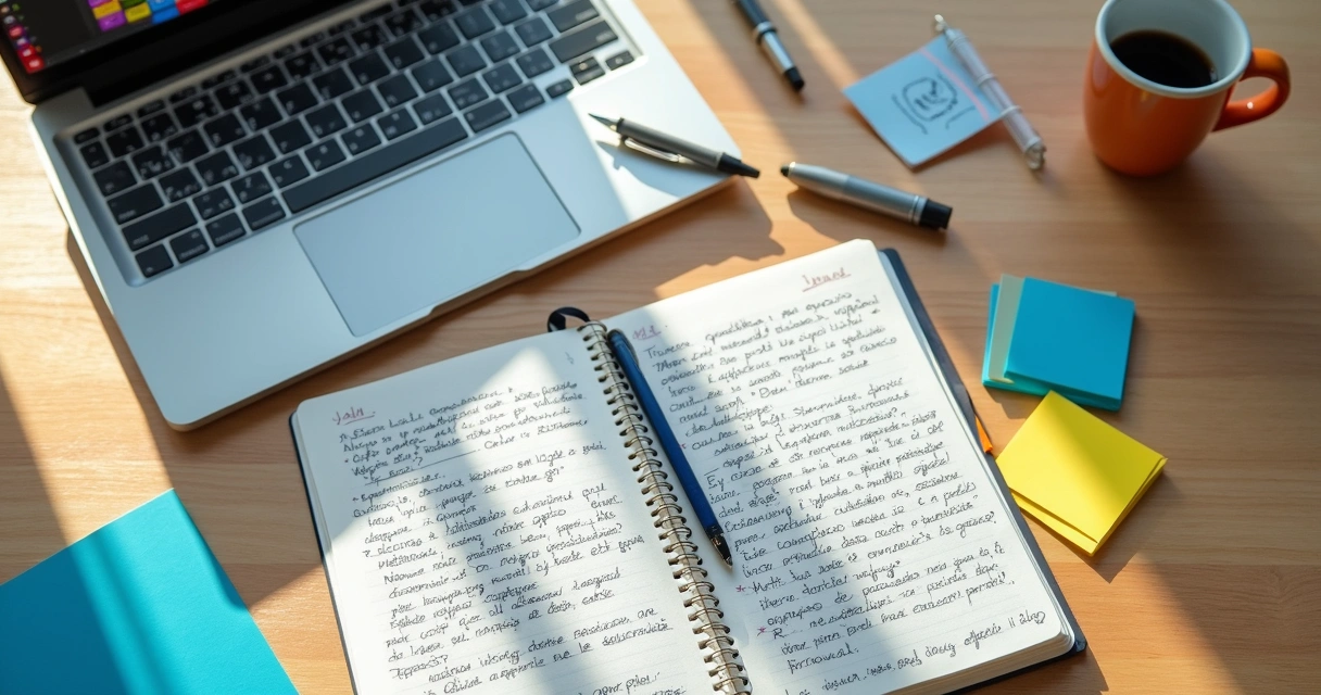 Mesa com caderno, notebook e cronograma de revisão semanal