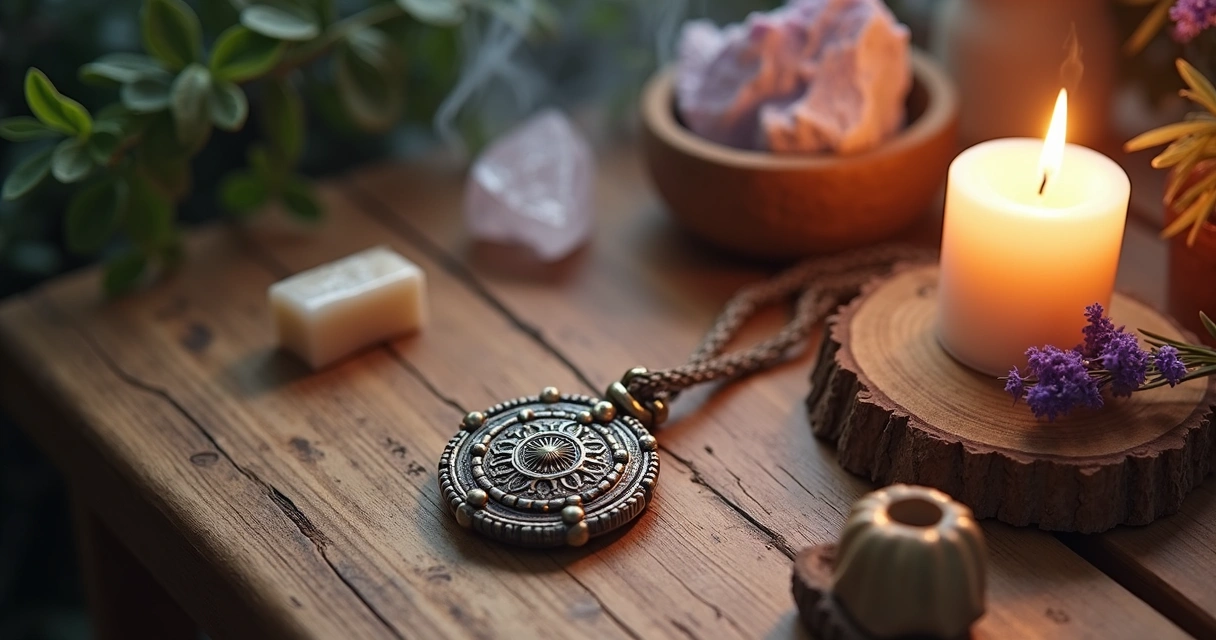Mesa de madeira com amuleto, vela acesa e incenso