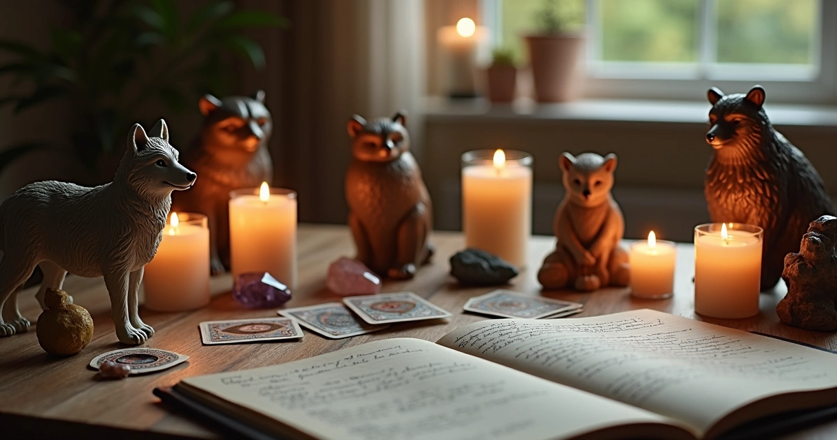 Mesa de ritual com símbolos de animais guardiões, vela acesa e oráculo 