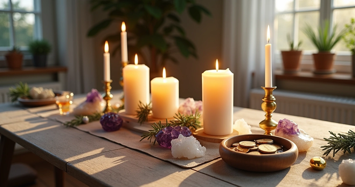 Mesa decorada com velas coloridas, cristais e ervas para Ano Novo 