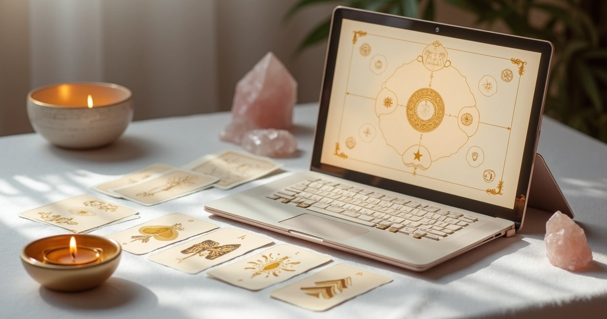 Mesa organizada com cartas, cristais e vela ao lado de um notebook aberto em spread de cartas