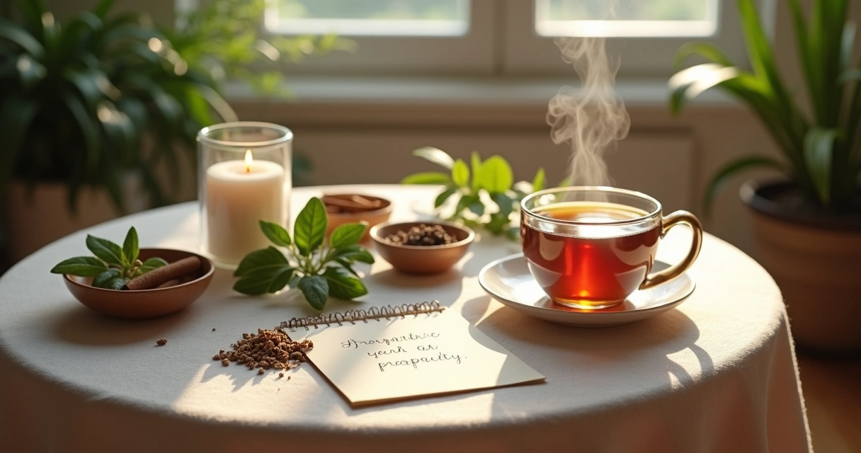 Mesa com chá, ervas e vela acesa criando um clima de ritual de prosperidade 
