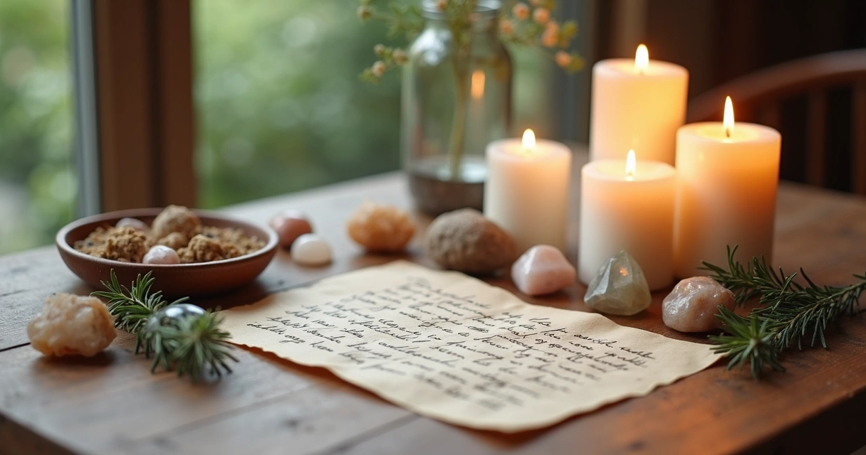 Mesa de madeira decorada com velas, cristais e papel de intenções para ritual 