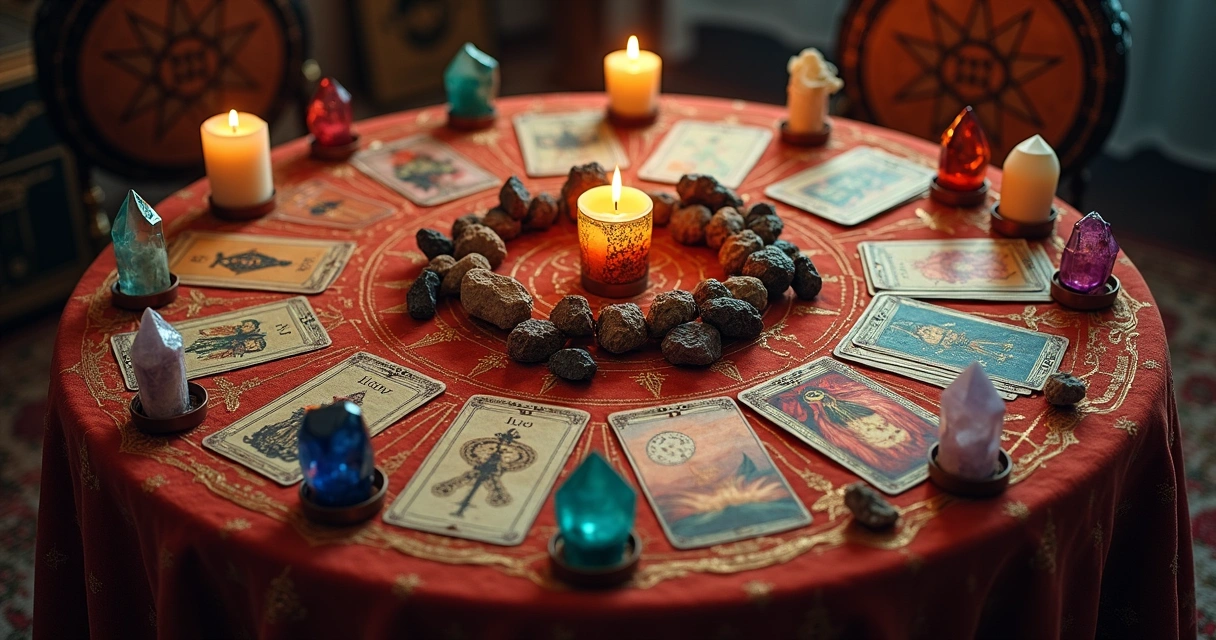 Mesa esotérica organizada com cartas de tarot, velas e cristais