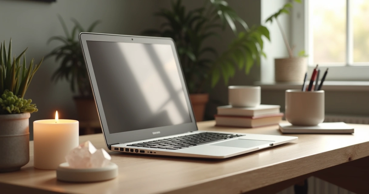 Mesa organizada com vela acesa, cristal ao lado do computador e bloco de anotações antes de uma reunião online 