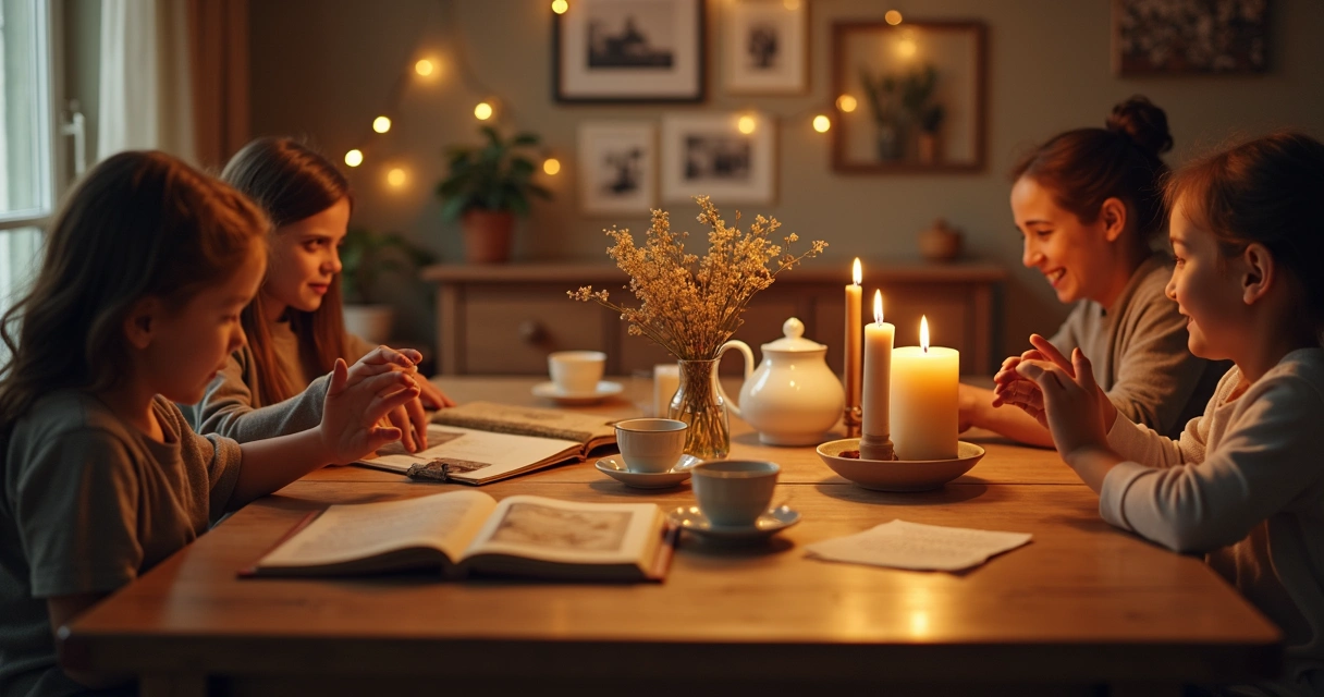 Mesa com objetos de ritual familiar iluminada por velas suaves 