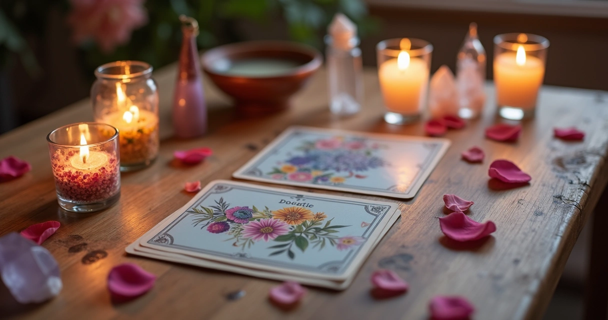 Mesa com cartas de tarot e florais de Bach