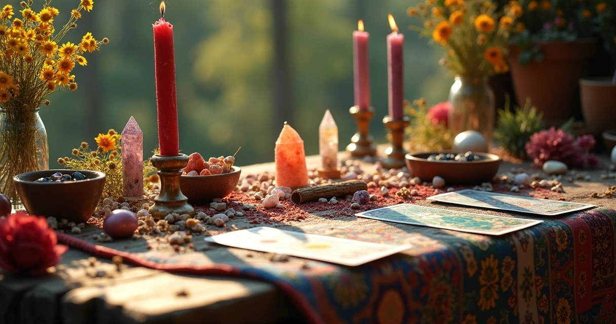 Mesa decorada com flores, cristais e cartas de tarô.