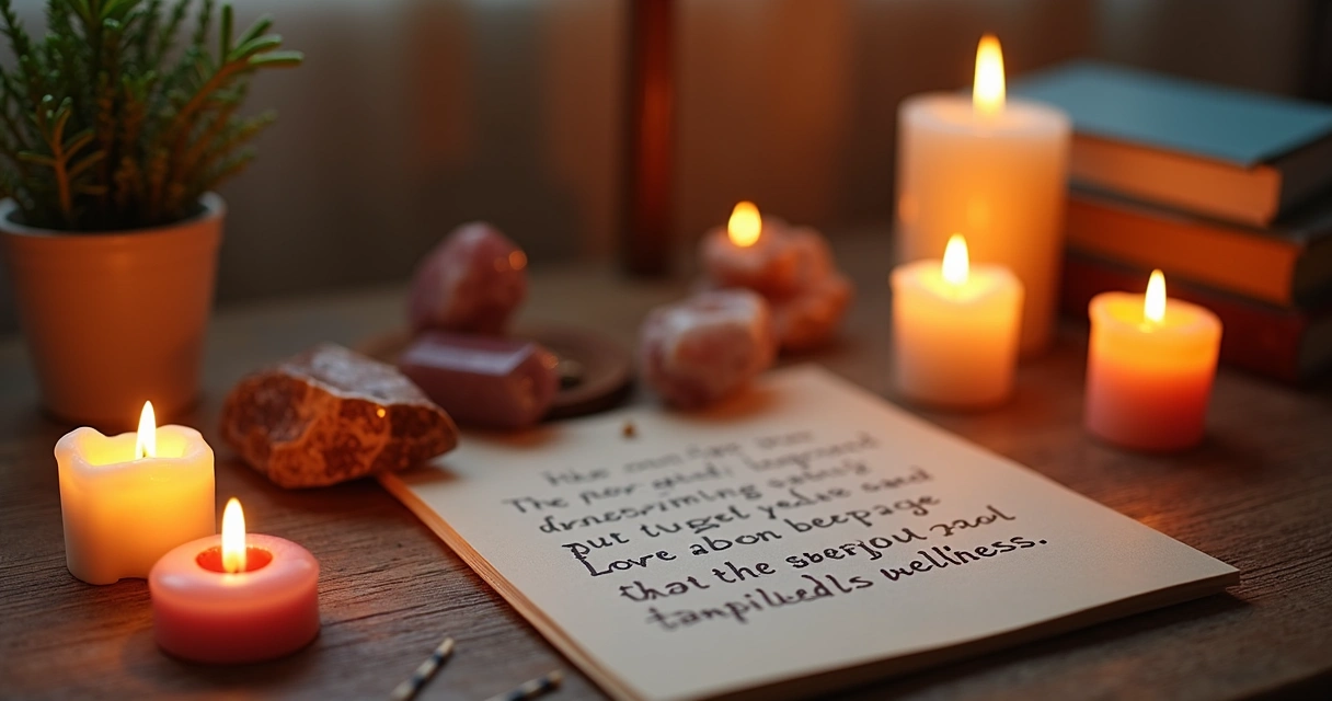Mesa com velas, cristais e incenso para ritual de agradecimento 