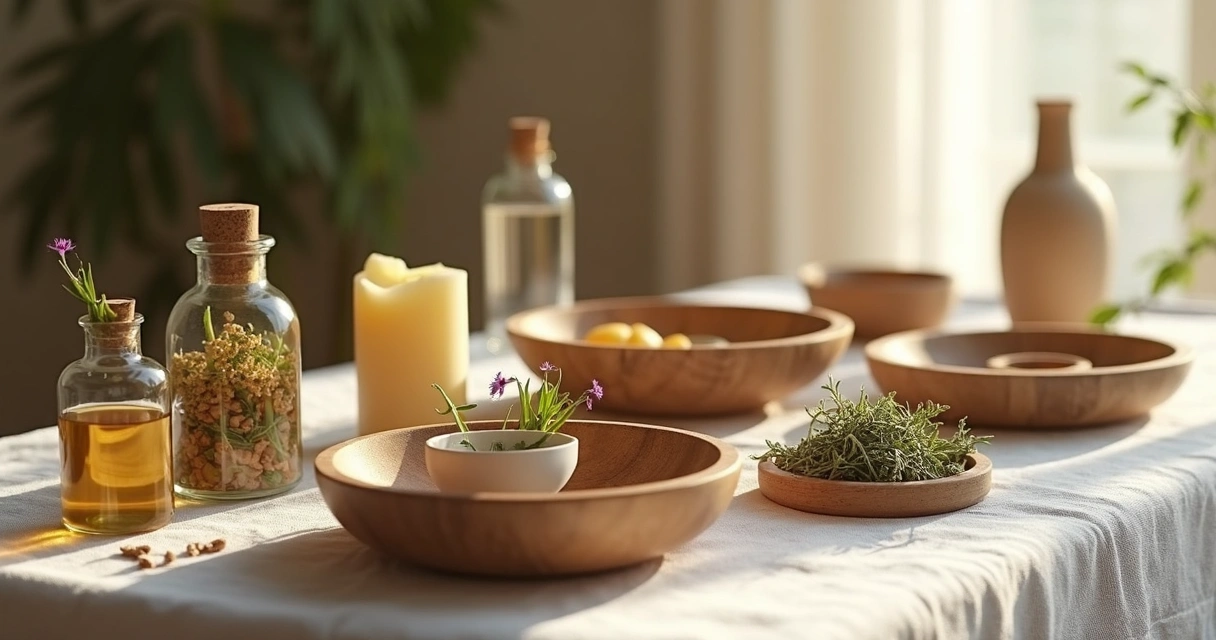 Altar de ritual limpo com objetos naturais alinhados 