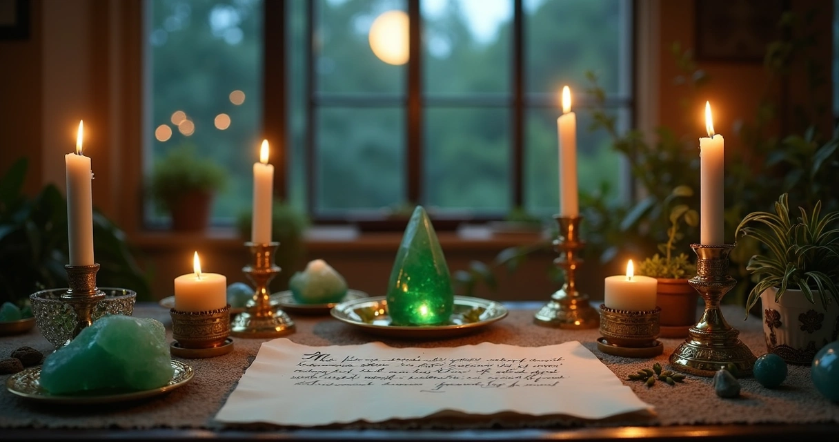 Mesa de ritual decorada com velas, cristais verdes e papel de intenção 