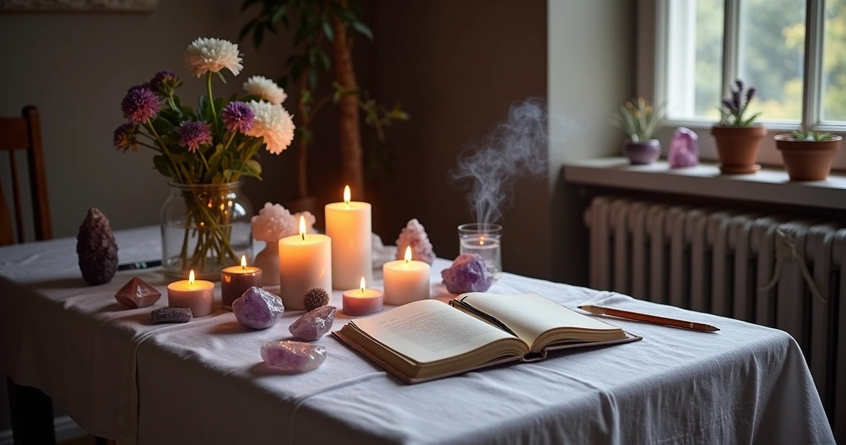 Mesa preparada com cristais, velas e flores para ritual de lua nova 