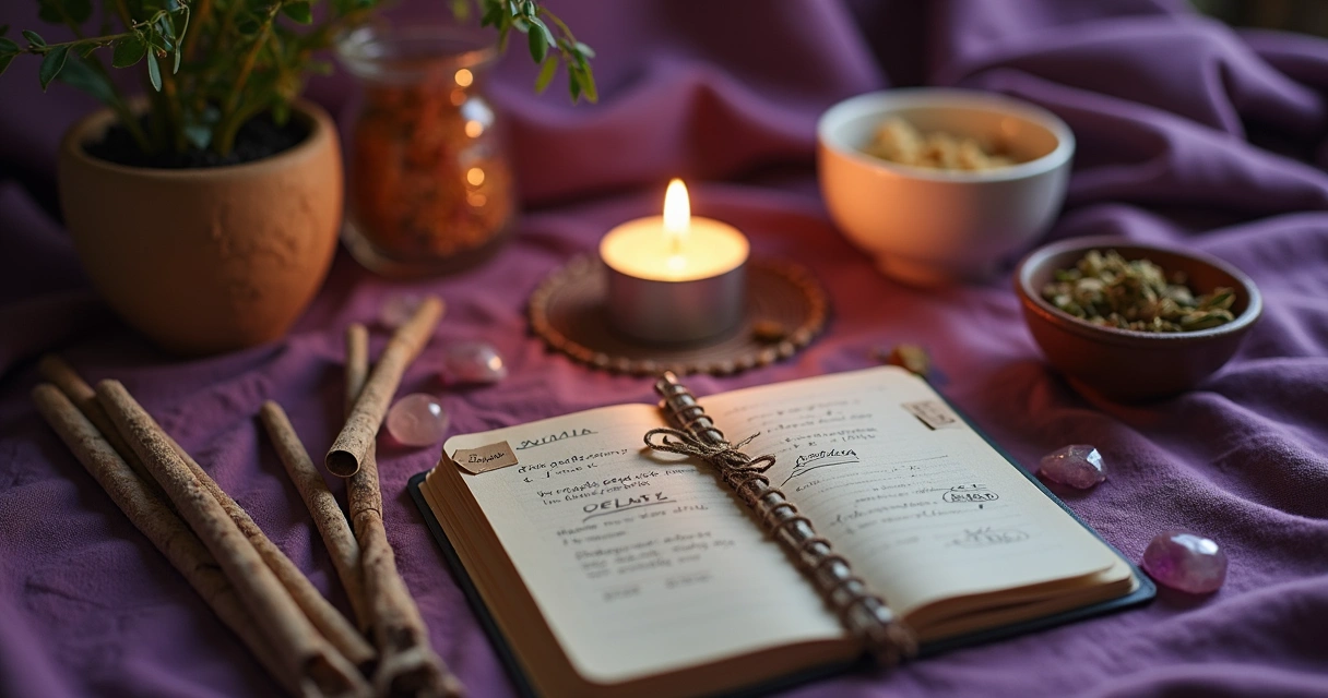 Mesa personalizada de ritual com incensos e objetos místicos 