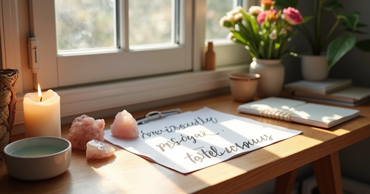 Mesa preparada com velas, cristais e papéis para ritual de proteção empresarial 