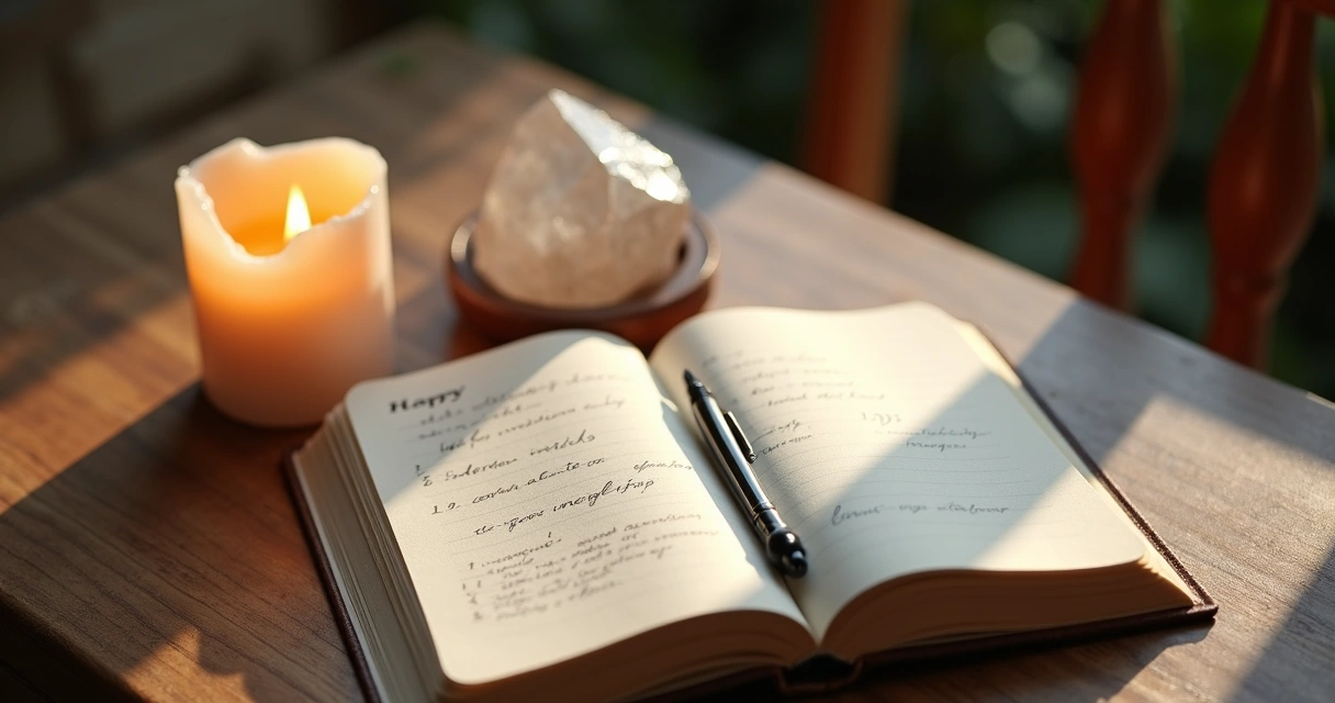 Mesa com vela, cristal e diário espiritual 