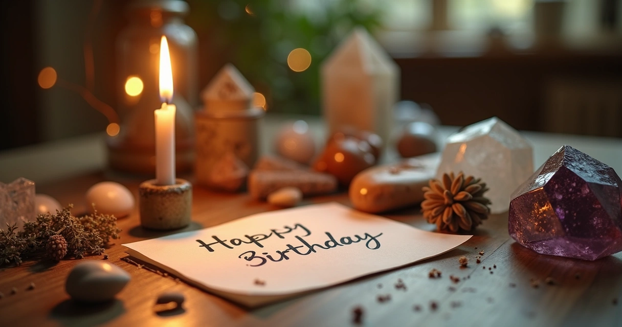 Mesa arrumada com vela, ervas e cristais