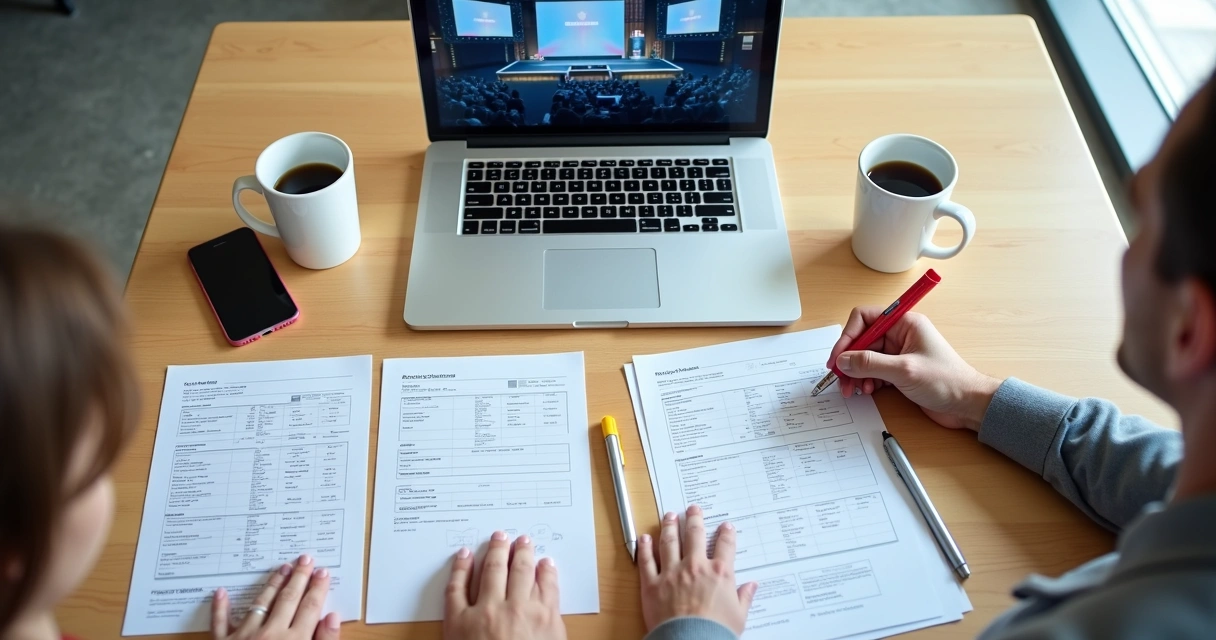 Mesa de reunião com roteiro e computador exibindo cronograma do evento 