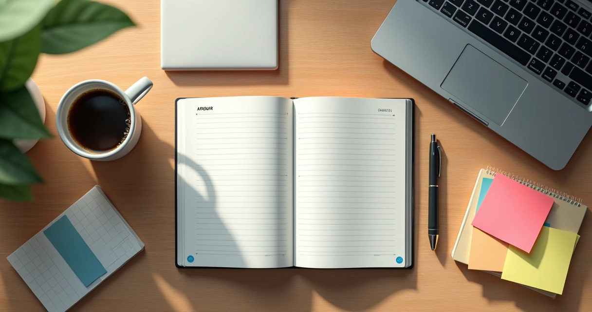 Mesa de trabalho com agenda, café e anotações organizadas