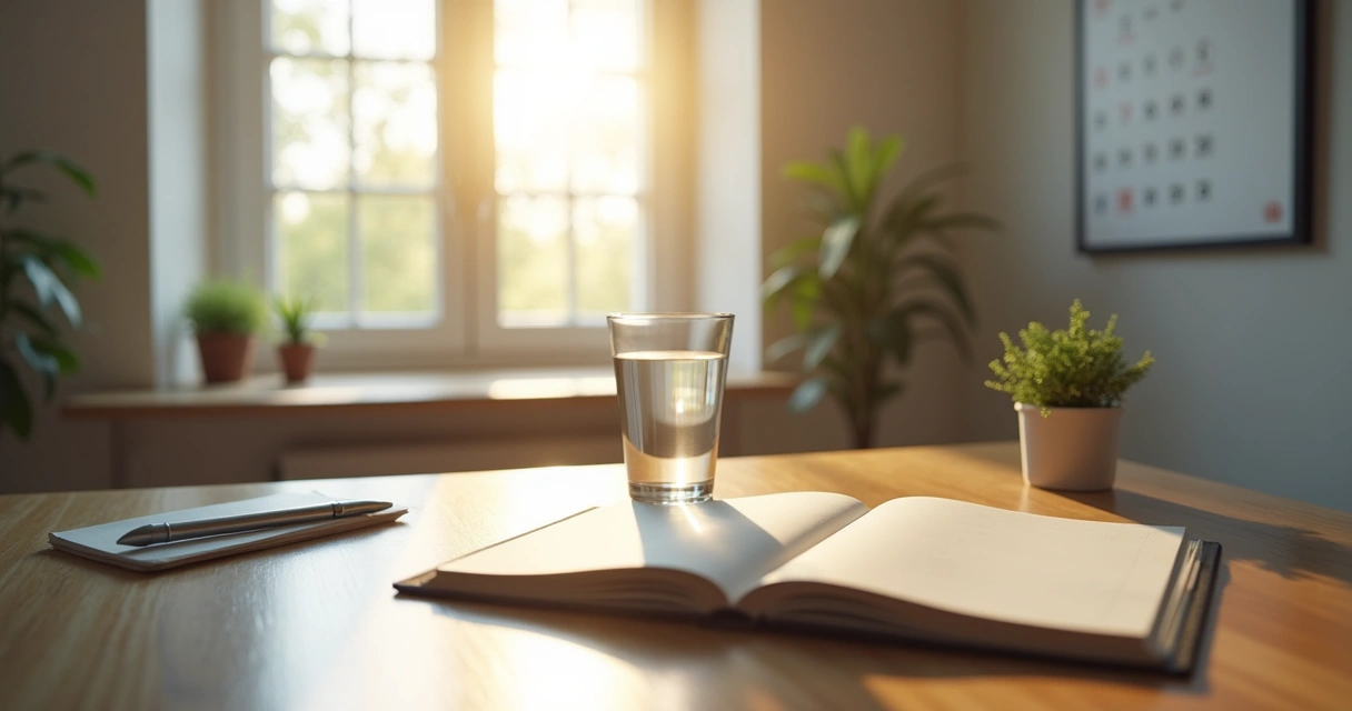 Mesa com itens de rotina como livro, copo de água e bloco de notas 