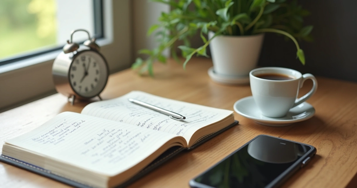 Caderno, café e celular sobre mesa em rotina de reflexão