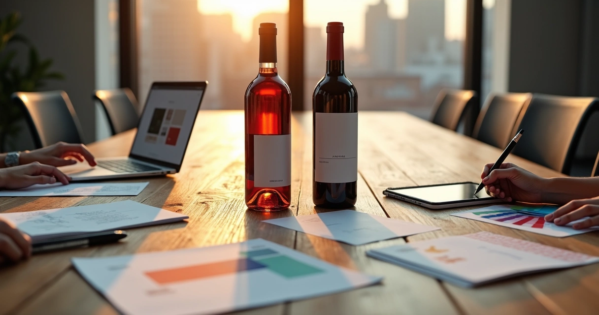 Mesa com rótulos de vinho empresariais sendo desenhados 