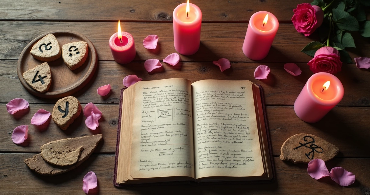Mesa organizada com runas, velas e flores rosas para ritual feminino 