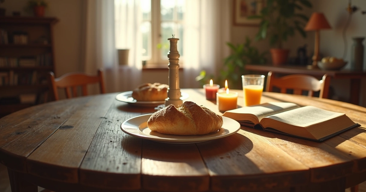 Mesa simples preparada com pão e suco de uva para ceia 