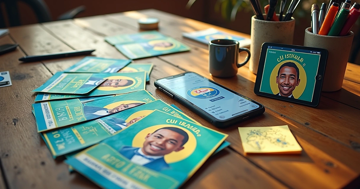 Mesa com santinhos eleitorais organizados ao lado de celular mostrando versão digital 