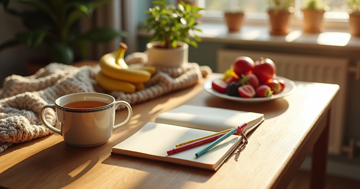 Mesa com diário, frutas e chá representando autocuidado 