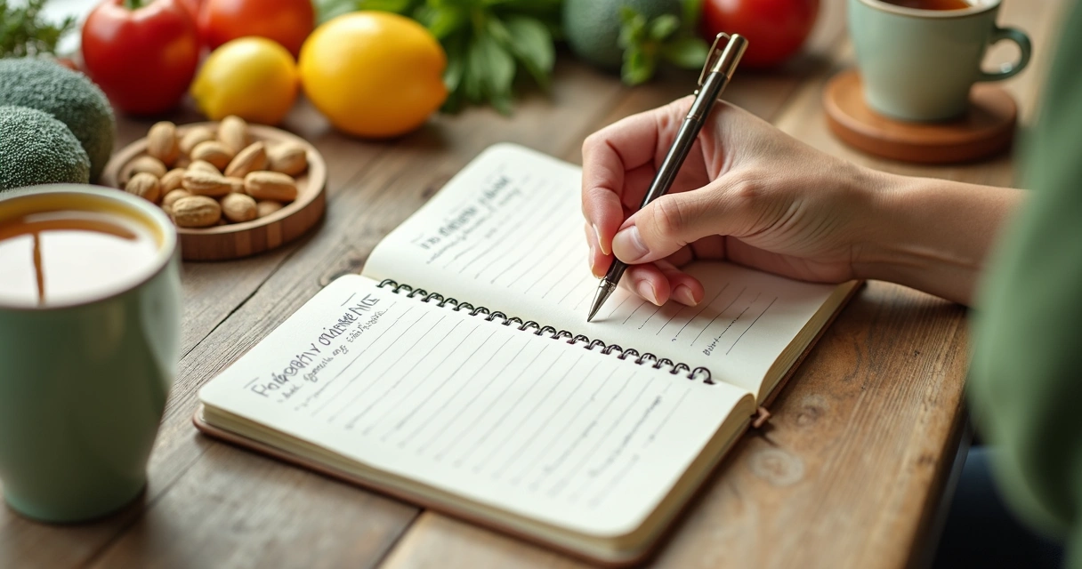 Mesa com alimentos saudáveis, chá verde, frutas, castanhas e anotação de rotina, ambiente claro, simbolizando calma e equilíbrio emocional. 