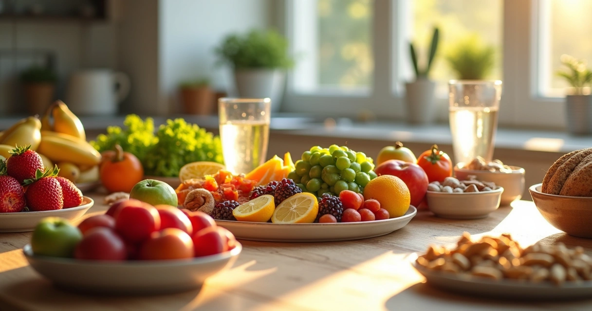 Mesa com frutas, vegetais e grãos integrais 