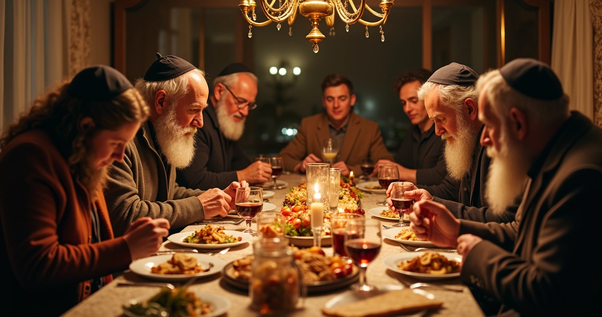 Mesa de Seder com símbolos judaicos e família reunida 