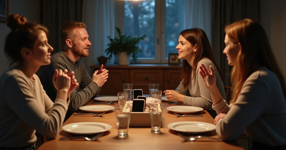 Mesa de jantar com celulares guardados e família conversando