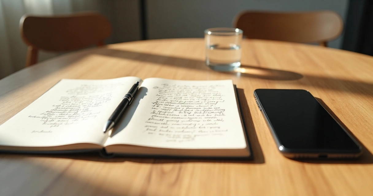 Mesa com caderno aberto e celular virado para baixo