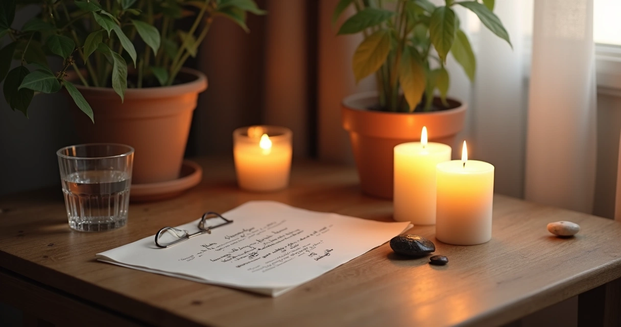 Mesa com velas brancas acesas e bilhete dobrado junto a um copo com água transparente