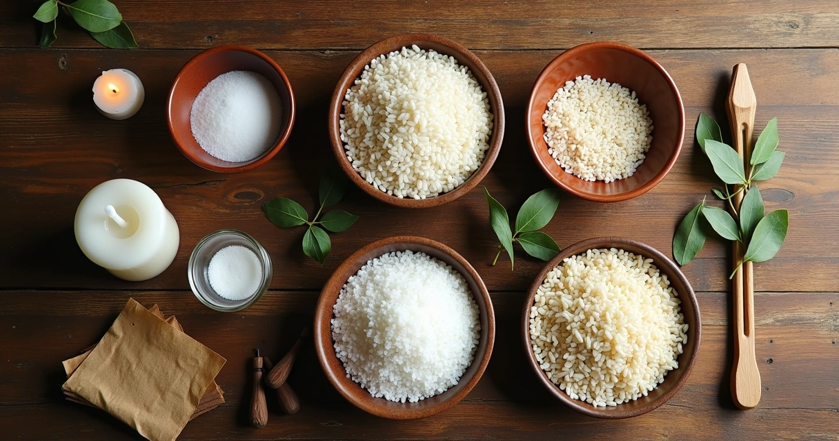 Mesa de madeira com arroz, açúcar, folhas de louro e sal grosso 