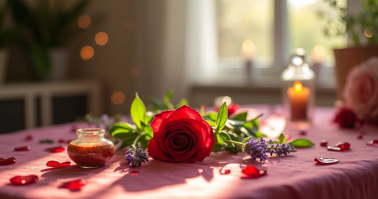 Mesa iluminada com rosa vermelha, ervas e vela acesa simbolizando simpatias de amor.