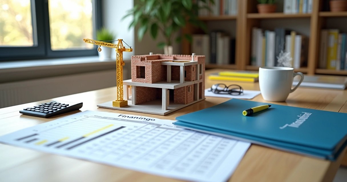 Mesa com maquete de casa e folha de simulacao de financiamento 