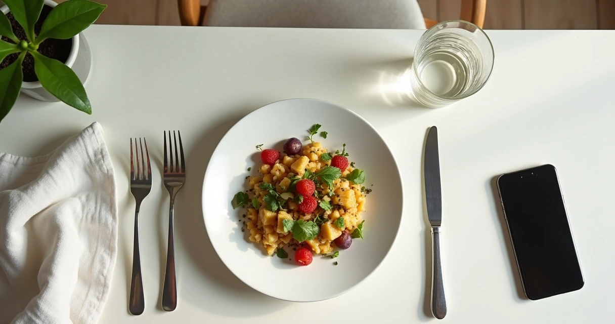 Mesa con comida casera y teléfono apartado a un lado